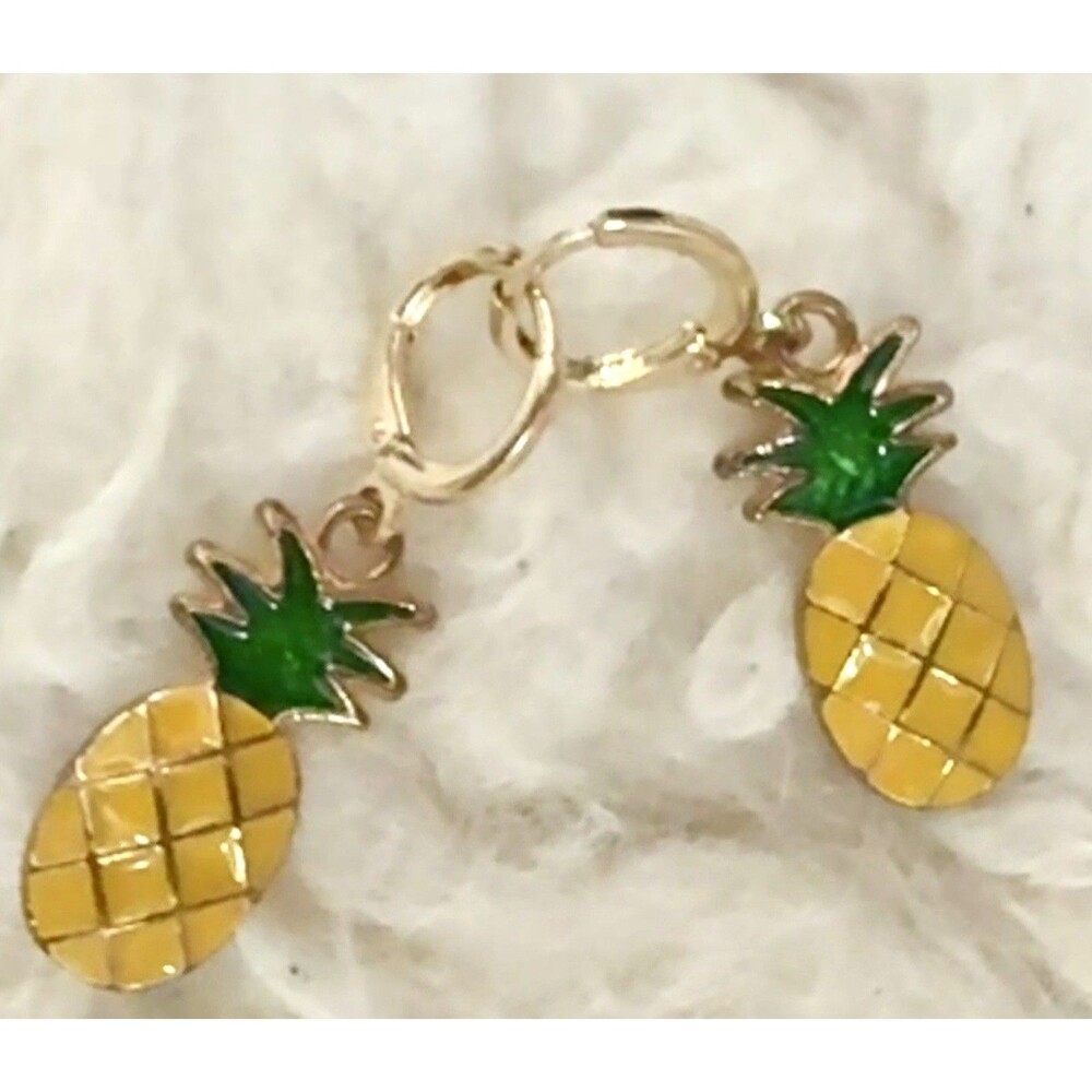 Pineapple Drop Huggie Hoop Earrings Cute Women/Girl Vacation Jewelry goldtone